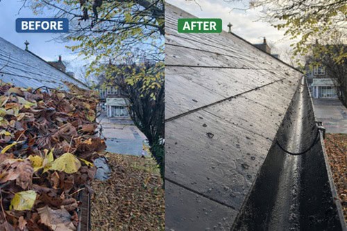 Gutter filled with leaves and debris before and after clearing