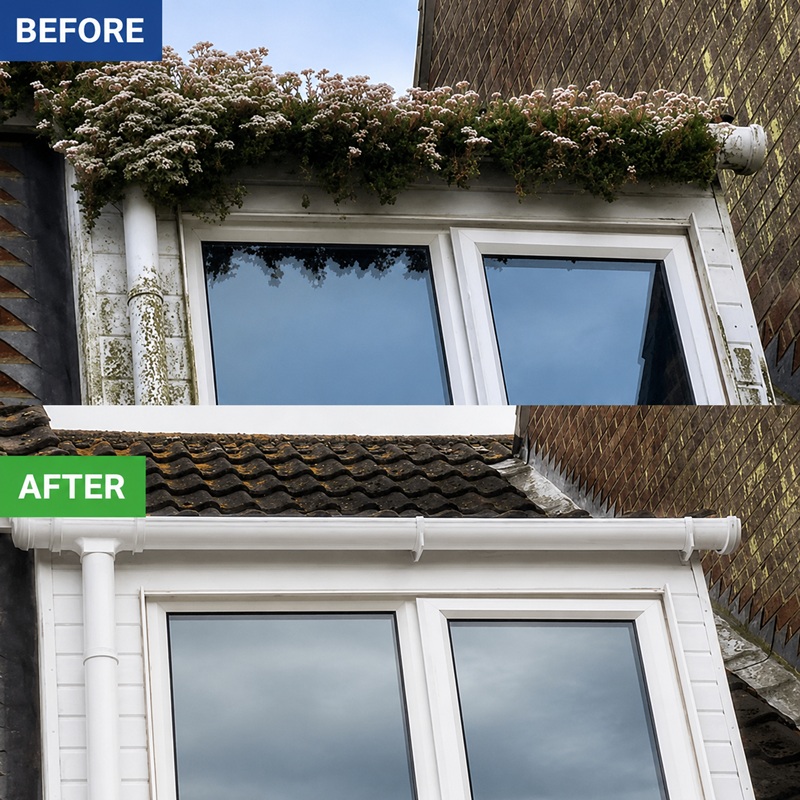 Blocked gutter before and after professional gutter cleaning